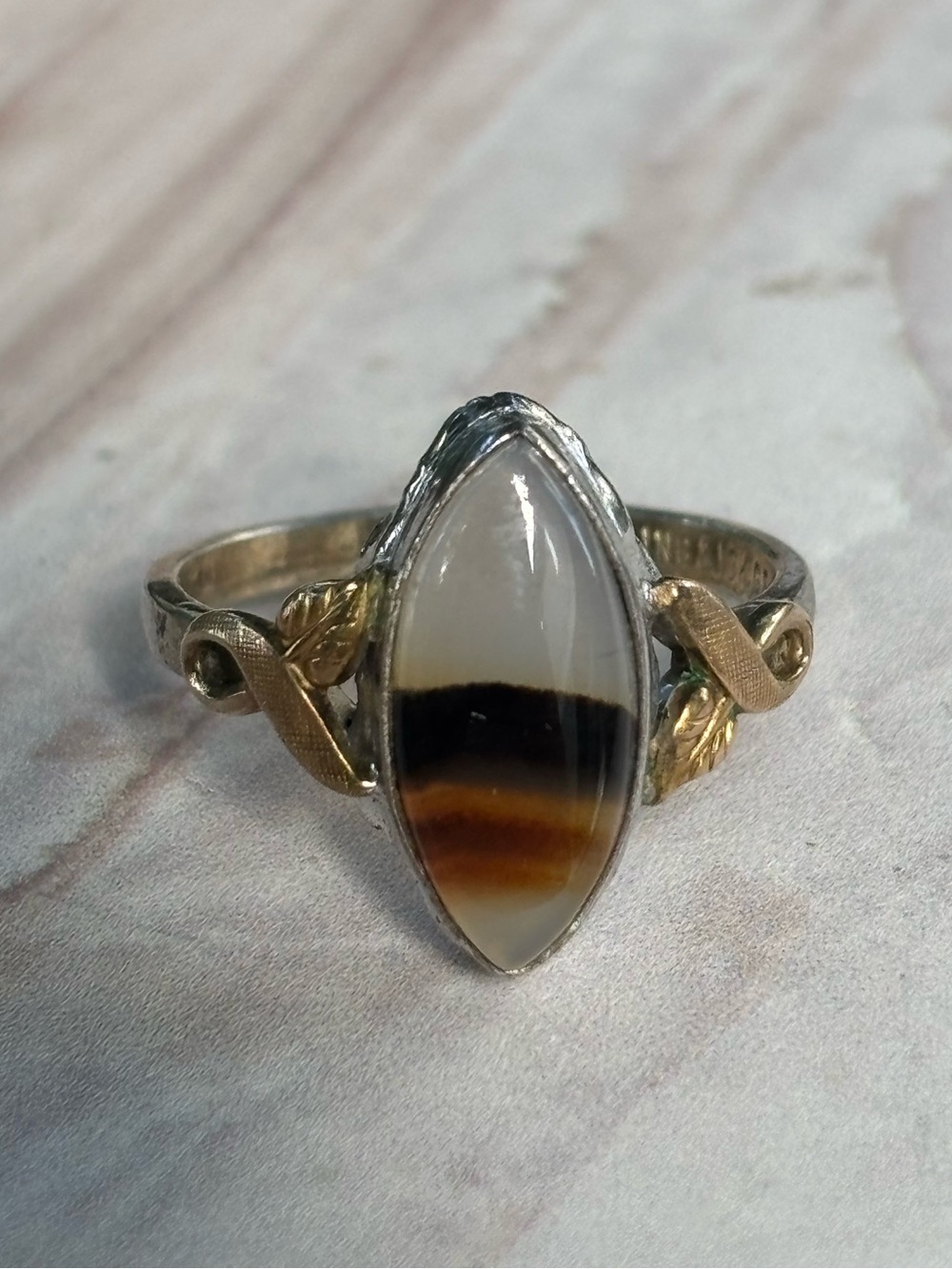 Vintage Clark & Coombs Sterling Silver 10K GF Marquise Banded Agate Ring Sz 6.5